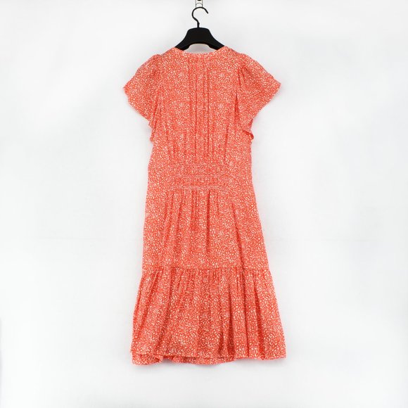 Rebecca Taylor Womens Red Smocked V-Neck Short Sleeve Printed Mini Dress Size 4 - Picture 3 of 8